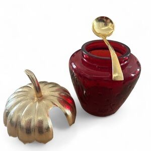 Vintage Avon Strawberry Summer Jam Red Glass Jar w Gold Tone Lid & Spoon